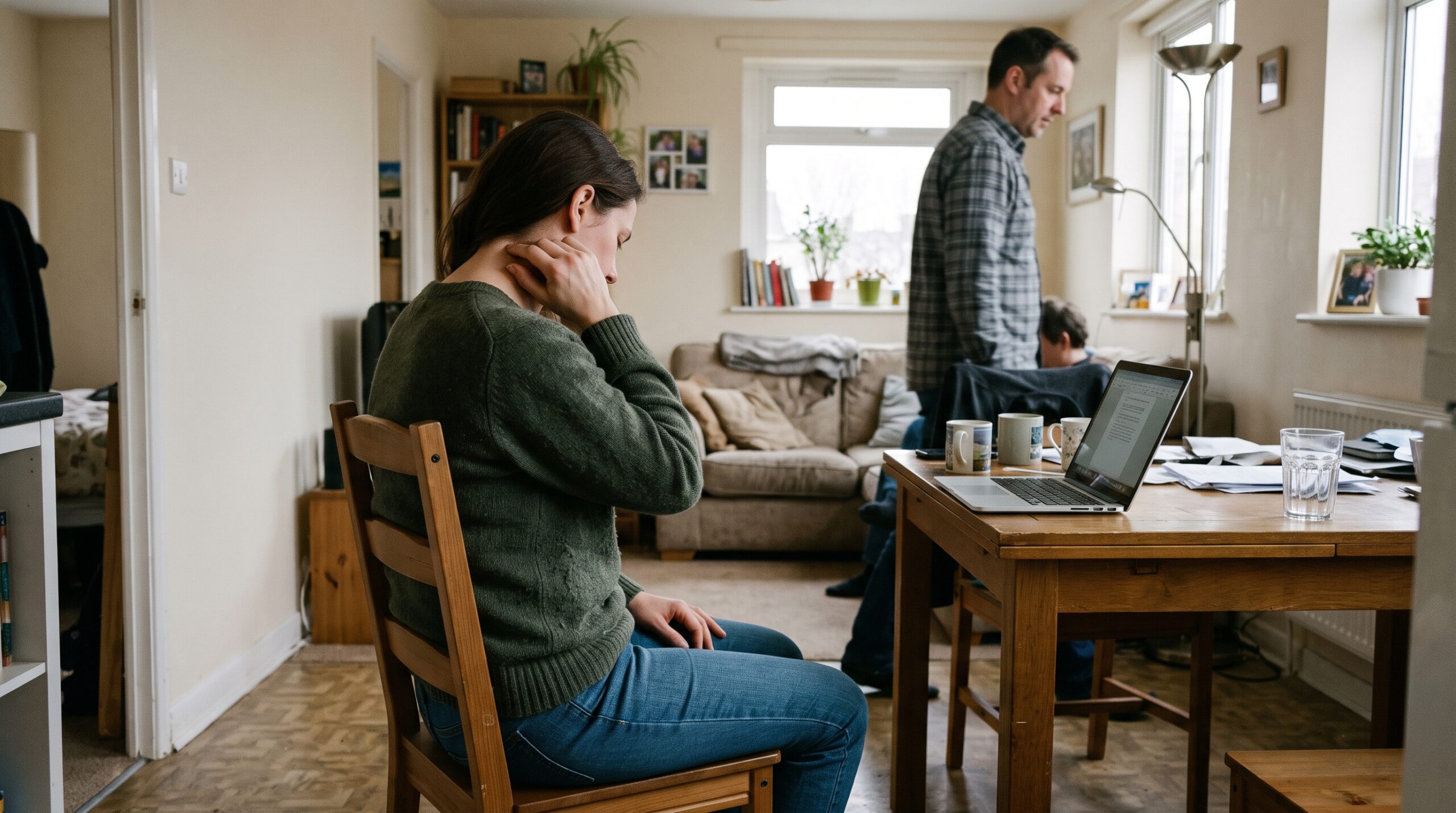 Une personne assise sur une chaise appuie sur son cou dans un salon, avec table, ordinateur et autre personne en arrière-plan.
